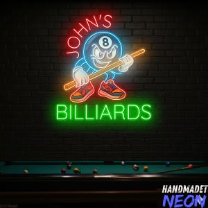 May include: Neon sign for John's Billiards, featuring a cartoon eight-ball character holding a pool cue. The sign has red, blue, orange, and green neon lights against a black brick wall. The word "BILLIARDS" is in green neon.