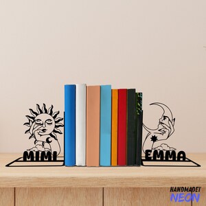Custom Sun And Moon Metal Bookends, Sunshine Name Bookend, Crescent Moon Table Sign, Bookshelf Home Decor, Book Lover Gift, Christmas Gift