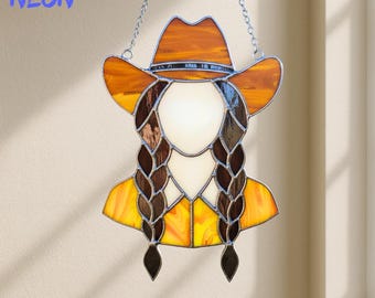 Cowgirl Stained Glass Suncatcher: Western Girl Window Hanging, Rustic Farmhouse Decor
