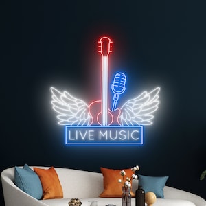 Live Music Led Sign, Guitar Microphone Neon Sign, Live Music Wall Art Decor, Rock n Roll Led Light, Live Music Guitar Neon Light Decor