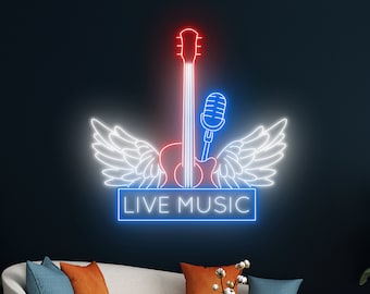Live Music Led Sign, Guitar Microphone Neon Sign, Live Music Wall Art Decor, Rock n Roll Led Light, Live Music Guitar Neon Light Decor