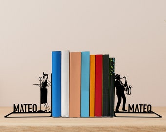 Sujetalibros de metal con nombre de artista, letrero de mesa con saxofón, decoración de estantería, regalo para amantes de los libros, decoración de escritorio de metal para cantantes, decoración del hogar