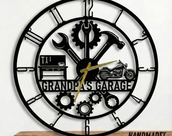 Reloj de pared de metal para garaje personalizado con nombre, reloj de pared de mecánico personalizado, regalo para él o para reparación de motocicletas, decoración de pared de garaje