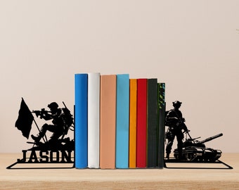 Custom Soldier Metal Bookends, US Flag Army Name Bookend, Veteran Table Bookshelf Home Decor, Soldier Book Lover, Back To School Gift