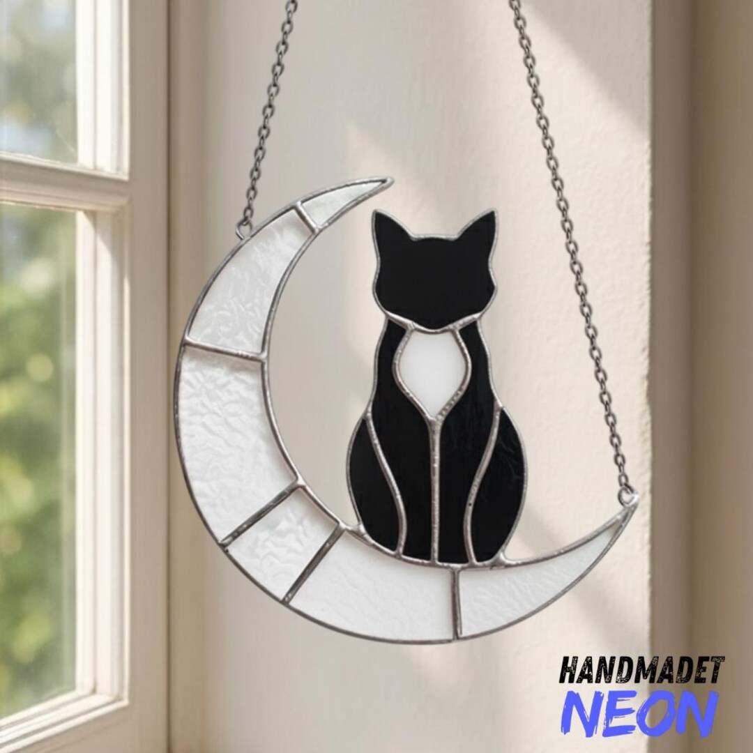 Cat Stained Glass Suncatcher, Handmade Window Hanging With Star, Glass ...