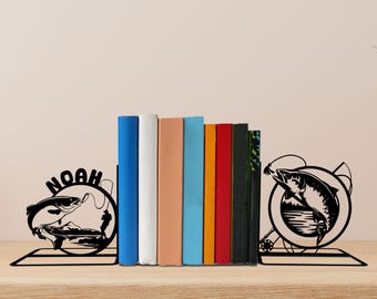 Custom Salmon Fish Metal Bookends, Fisherman Name Bookend, Fishing Table Sign, Bookshelf Home Decor, Book Lover Gift, Christmas Gift
