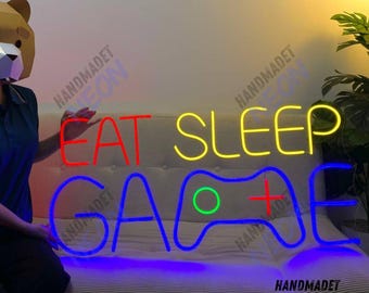 Eat Sleep Game Neon Sign, Eat Sleep Game Led Light, Boys Wall Art Gamer Decorations For Bedroom, Gaming Room Decor