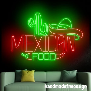 Mexican Food Neon Sign, Cactus Sombrero Led Sign, Chili Mexico Neon Light, Food Led Light, Kitchen Wall Art, Mexican Restaurant Wall Decor