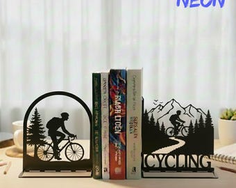 Personalized Cyclist Metal Bookends with Name, Custom Cycling Metal Book Ends, Gift For Cyclist, Bicycle Store Decor, Book Lover Gift