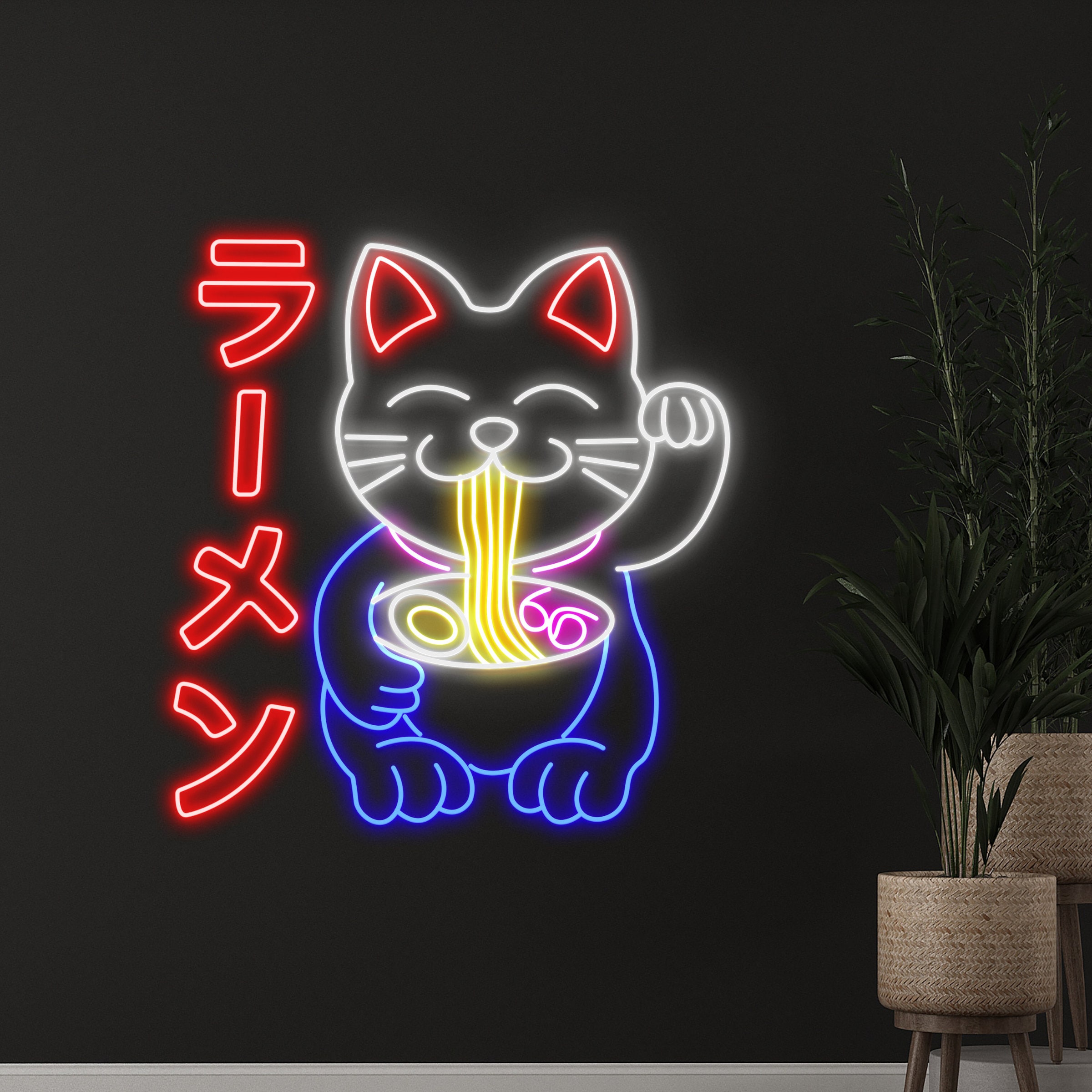 ネオンサイン ラーメン ネコ Lucky Cat Eating Ramen Neon Sign, Fortune Cat Eats Noodle Led