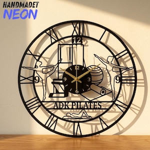 Reloj de pared metálico de Pilates, decoración de pared para fitness, arte para estudio de yoga, letrero para gimnasio, regalo para entrenadores, regalo para instructores de Pilates