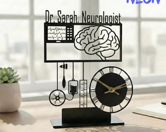 Personalized Neurologist Metal Table Clock with Name, Custom Tabletop Clock with Doctor, Gift for Neurologist, Doctor Office Desk Decor