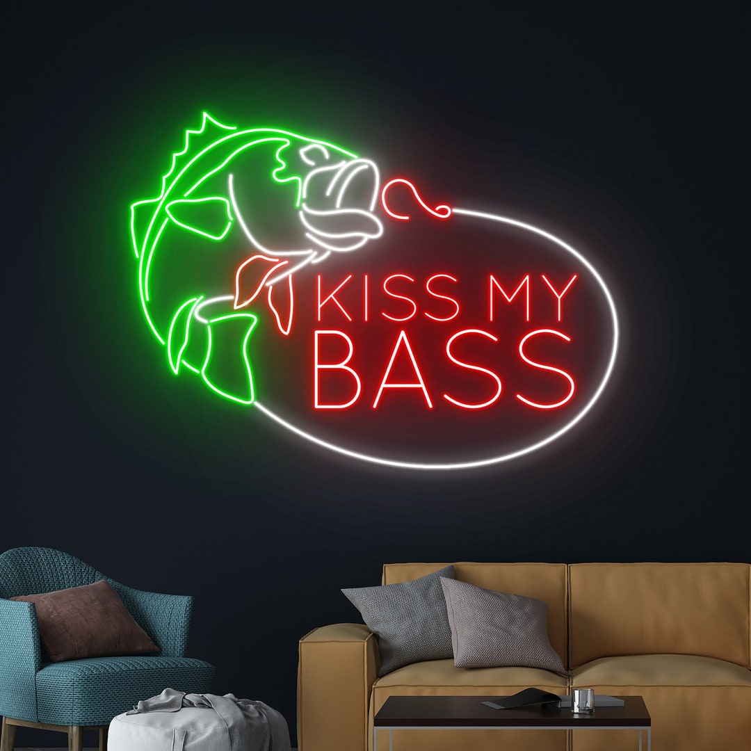 Kiss My Bass Fishing Neon Sign, Bass Fishing Led Sign, Bass Fish Led