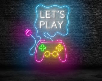 Let's Play Neon Sign For Game Room Decor, Game Controller Neon Light, Custom Neon Sign, Gift For Gamer, Man Cave Decor