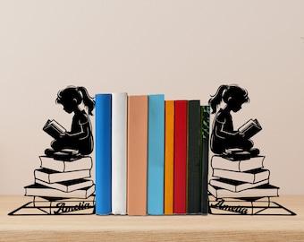 Custom Girl Reading Book Metal Bookends Bookworm Name Bookend, Read Book Table Sign, Bookshelf Decor, Book Lover Gift, Book Metal Desk Decor