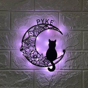 Custom Black Cat Floral Moon Metal Wall Art LED Light - Personalized Flower Moon Cat Name Sign Home Decor - Halloween Wall Art Decoration