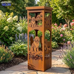 Custom Old English Sheepdog Metal Garden Column, Dog Breed Outdoor Yard Pillar Decor, Dog Grave Marker Sign