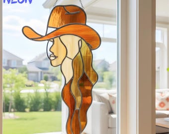 Cowgirl Stained Glass Suncatcher: Western Girl Window Hanging Art, Rustic Home Decor
