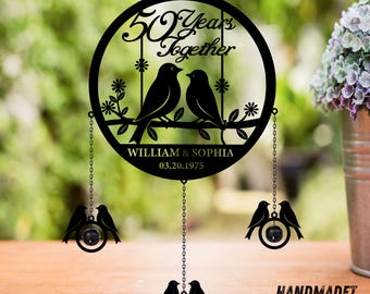 Personalized 50th Wedding Anniversary Wind Chimes Rattle, Custom Bird Couple Wind Chimes with Name&Date, Hanging Chimes, Gift for Mom Dad