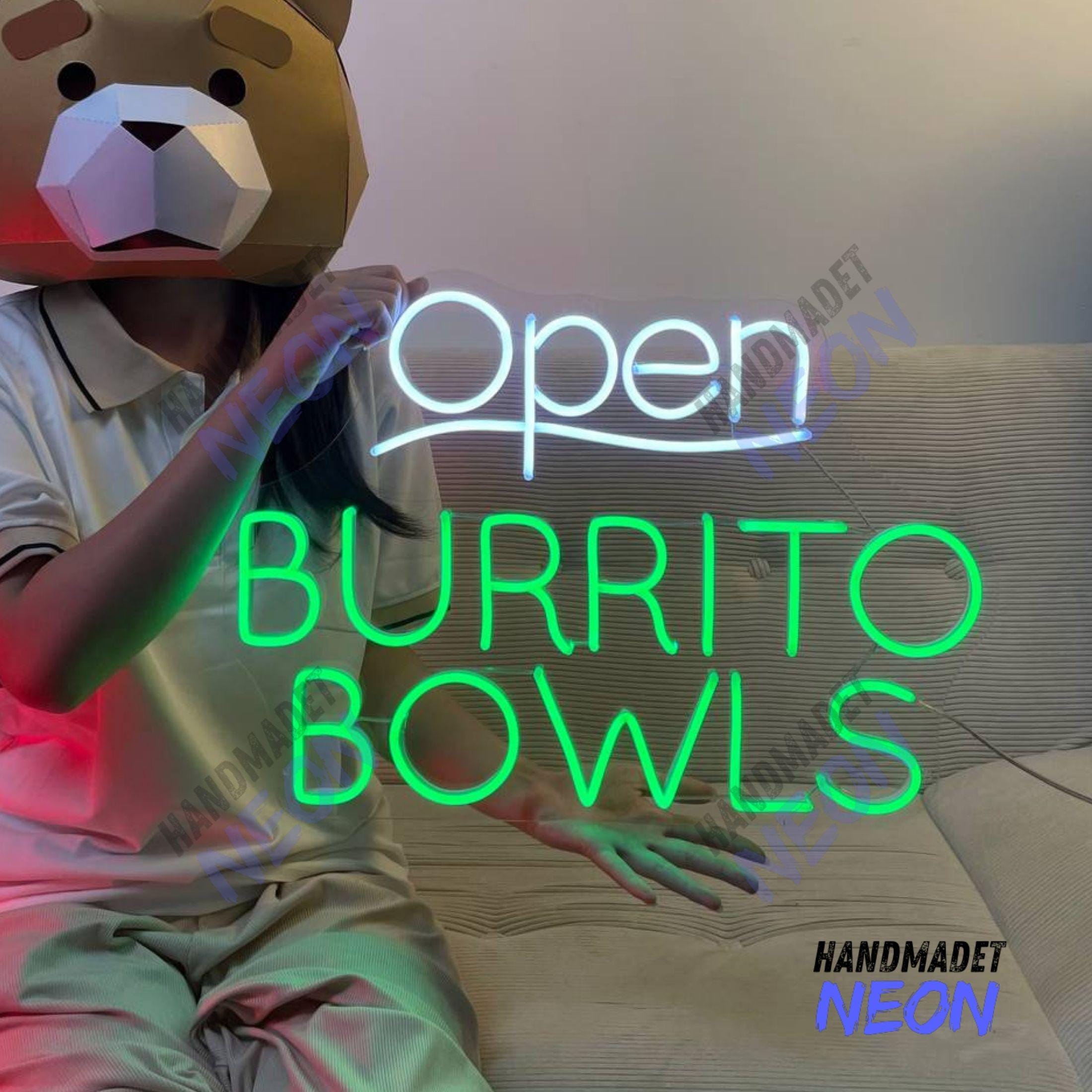 Open Burrito Bowls Neon Sign, Mexican Burrito Led Sign, Burrito Led Light, Burrito Neon Light, Food Wall Art, Mexican Restaurant Wall Decor
