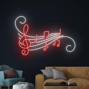 May include: A neon wall sign featuring a red treble clef and red musical notes connected by white glowing lines that form a staff. The design includes white swirling flourishes at the beginning and end of the musical staff lines.