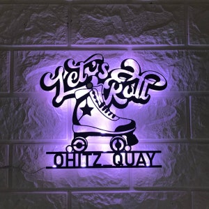 Custom Let&#39;s Roll Roller Skating Metal Wall Art LED Light - Personalized Roller Skate Name Sign Home Room Decor - Roller Skater Metal Lights