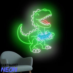 Neon bord dinosaurus speelspel, grappige dinosaurus led-bord, dinosaurus gamer led-licht, dinosaurus licht, gaming kamer kunst aan de muur, muur decor thuis