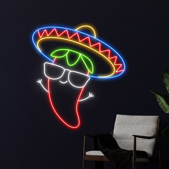 Sombrero Hat Glasses Chili Neon Sign, Mexican Chili LED Light