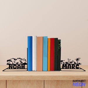 Custom Dinosaur Metal Bookends, Dinosaur Name Bookend, Dinosaur Table Sign, Animal Bookshelf Home Decor, Book Lover Gift, Christmas Gift