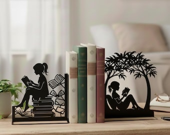 Personalized Girl Reading Book Metal Book Ends, Custom Bookends with Girl Reading Book, Gift For Her or Book Lover, Book Store Decor