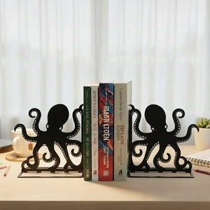 Personalized Octopus Metal Bookends, Custom Name Metal Book Stopper with Name, Gift for Octopus Table Decor