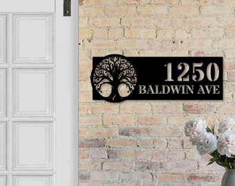 Personalisierte Baum des Lebens Hausnummer, grüner Baum Hausnummer Metallwandschild, Natur Hausadresse Zeichen Dekor, Hausadresse Zeichen