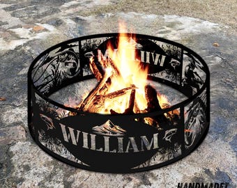 Anillo de fuego personalizado para pesca, anillo de fuego forestal para acampar, anillo de fuego de metal para fogata con temática natural, anillo de fuego de acero para aniversario.