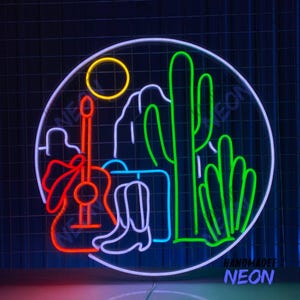 Cowboy Guitar Cactus Desert Sun Neon Sign, Cowboy Boots Hat Guitarist Neon Light, Luggage LED Light, Wanderlust LED Sign Room Wall Art Decor
