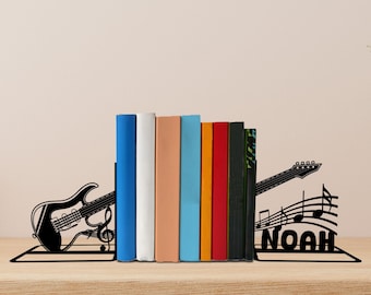 Sujetalibros de metal con forma de guitarra personalizado, letrero para mesa de música con nombre de guitarrista, decoración para el hogar con estantería de guitarra, regalo para amantes de los libros, regalo de regreso a la escuela