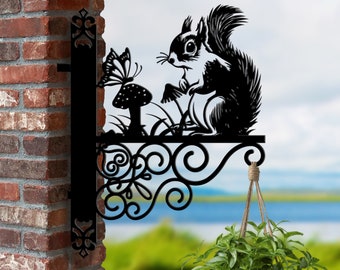Personalized Squirrel With Butterfly Hanging Bracket Squirrel Hanging Basket Bracket, Animal Hanging Bracket For Garden, Metal Garden Decor