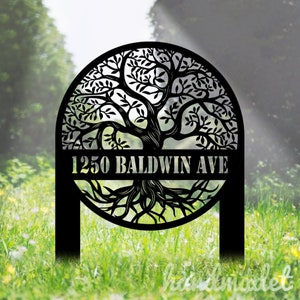 Tree House Address Stake, Tree Address Stake Metal Sign, Tree Outdoor House Number Stake Sign, Tree Garden Stake Sign, Yard Metal Stake