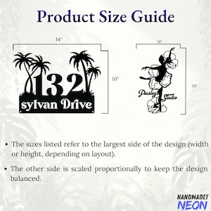 May include: A black metal sign featuring the text 132 sylvan Drive with palm trees, measuring 14 inches wide by 10 inches high. Next to it, a black metal sign featuring a dancer and the text Paisley's Studio, measuring 14 inches wide by 24 inches high.