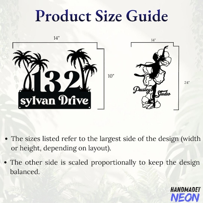 May include: A black metal sign featuring the text 132 sylvan Drive with palm trees, measuring 14 inches wide by 10 inches high. Next to it, a black metal sign featuring a dancer and the text Paisley's Studio, measuring 14 inches wide by 24 inches high.
