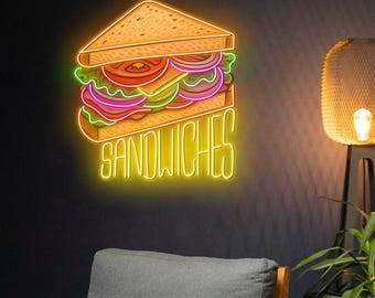 Sandwich Neon Sign, Handmade LED Wall Light for Deli Shop or