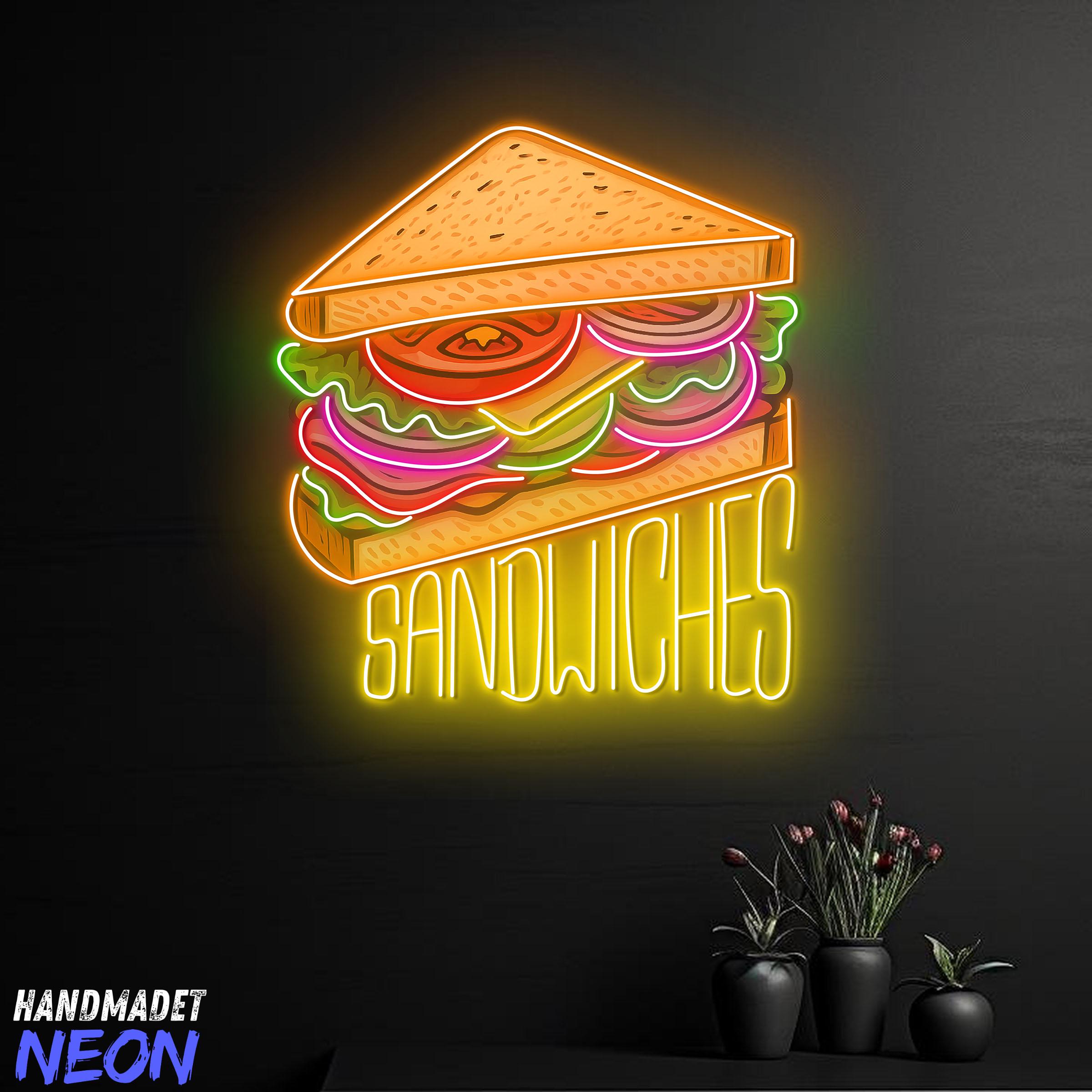 Sandwich Neon Sign, Handmade LED Wall Light for Deli Shop or
