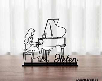 Letrero metálico personalizado para pianista, decoración de escritorio con nombre personalizado, regalo para profesora de piano, decoración de estudio de música