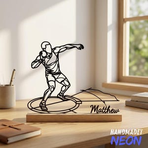 Personalized Shot Put Metal Art with Wood Base, Custom Name Athlete Desk Decor, Game Table Decor