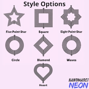 May include: A graphic showing seven different neon light style options: a five-point star, square, eight-point star, circle, diamond, waves, and heart. The text "Style Options" is at the top, and "HANDMADET NEON" is at the bottom.