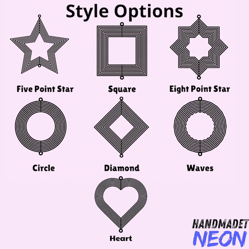 May include: A graphic showing seven different neon light style options: a five-point star, square, eight-point star, circle, diamond, waves, and heart. The text "Style Options" is at the top, and "HANDMADET NEON" is at the bottom.