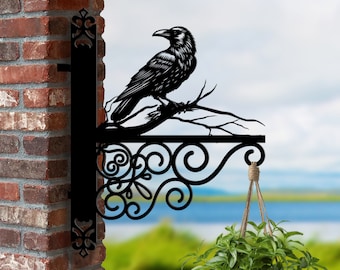 Soporte colgante de cuervo personalizado, soporte para cesta colgante de pájaro cuervo, soporte colgante de pájaro cuervo para jardín, letrero metálico de pájaro para decoración de jardín