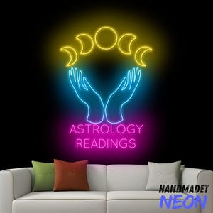 Insegna al neon per letture astrologiche, insegna a LED per la lettura della fortuna, luce al neon psichica, luce a LED per la lettura dei tarocchi, arte murale con palme, decorazione murale per la casa con astrologia