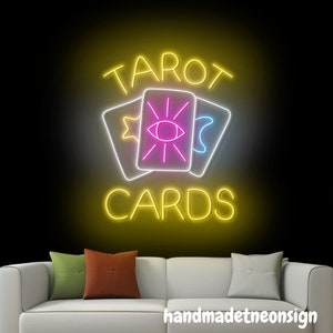 Neonreclame tarotkaarten, led-bord tarotkaart, neonlicht tarot open logo, paranormaal ledlicht, kunst aan de muur paranormale lezer, wanddecoratie tarot thuis