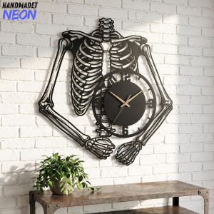 May include: A black metal wall clock featuring a skeletal rib cage and arm design. The circular clock face is integrated into the center, displaying black numbers and thin gold-colored hands. The structure is mounted on a white brick wall.