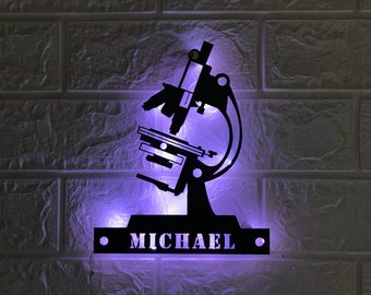 Custom Scientist Microscope Metal Wall Art LED Light - Personalized Biologist Name Sign Home Decor - Laboratory Science Microbiologist Sign